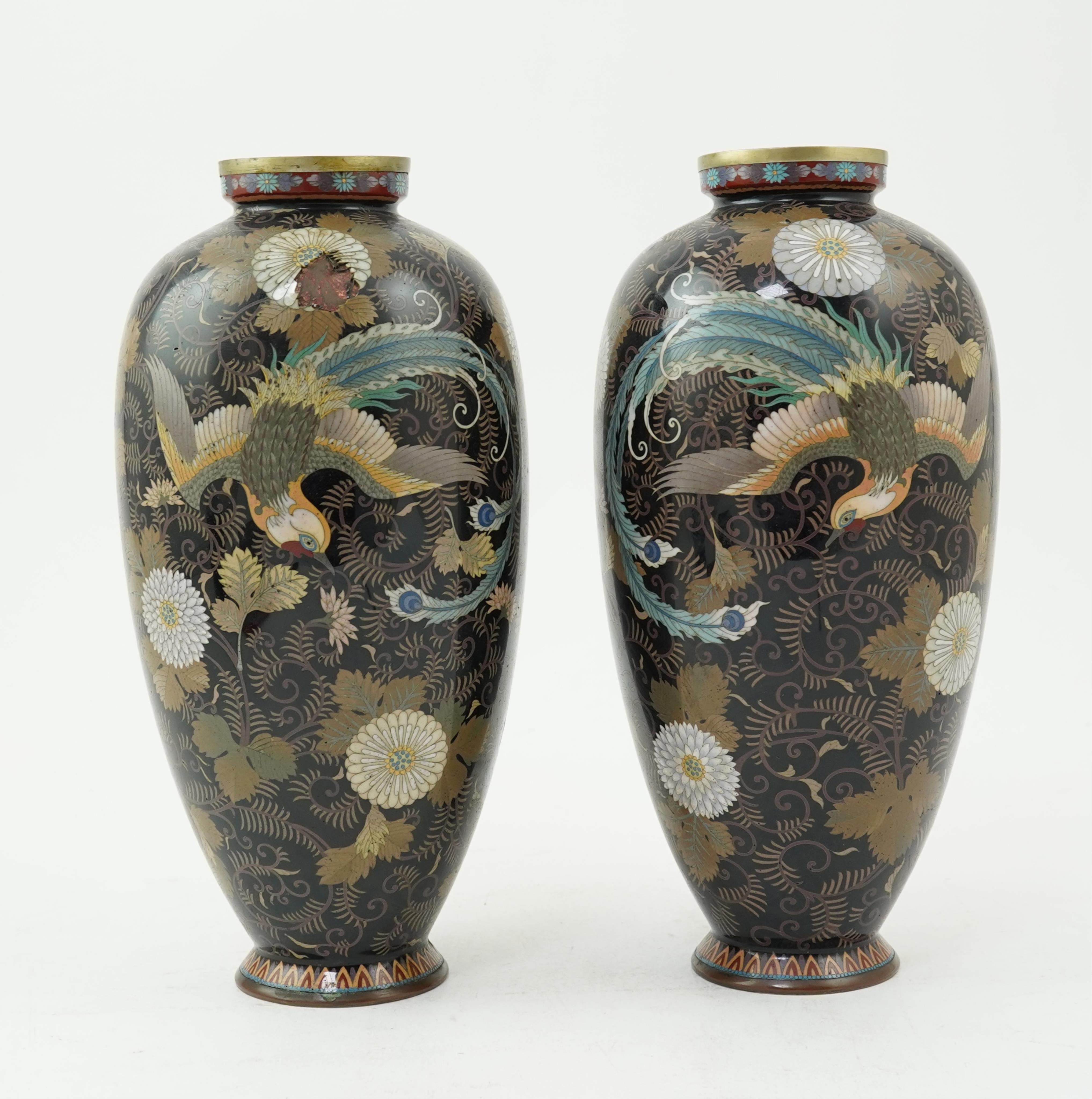 A pair of Japanese cloisonné enamel ‘phoenix’ vases, by Gonda Hirosuke I, Meiji period